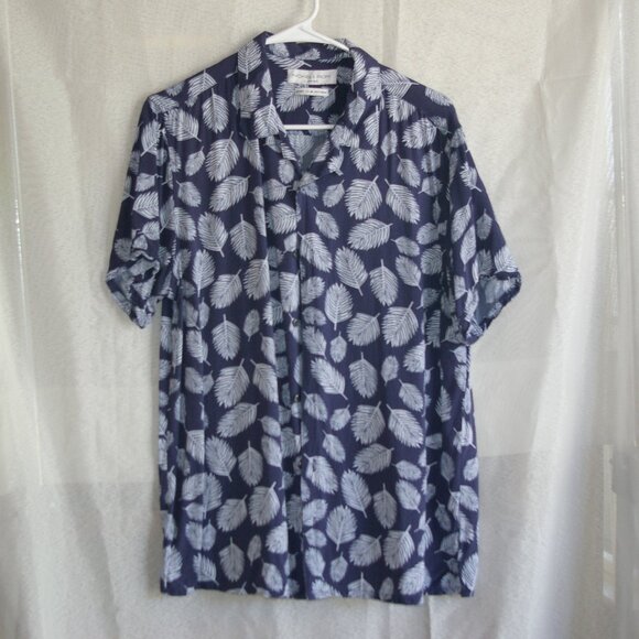 Nickel & Iron Blue and White Button Shirt with Palm Pattern - Picture 1 of 5